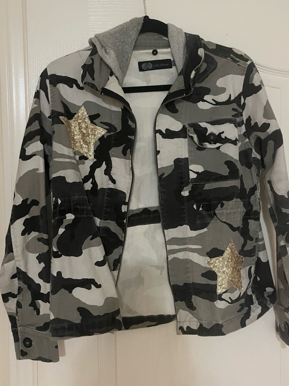 JOE Fresh Women's Gray Camo Utility Jacket with Gold Star Accents